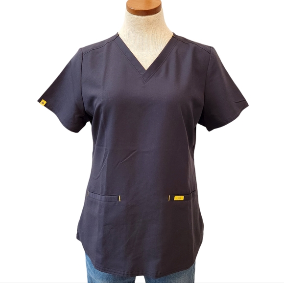 Figs Tops - Figs Scrub Top Womens Small grey Yellow V-Neck Shirt Short Sleeve Medica…